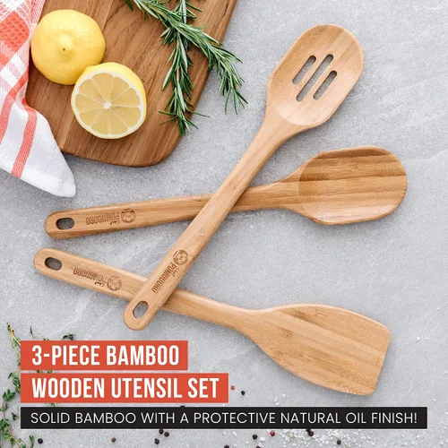 Vista 3 de Chef Pomodoro Juego de utensilios de cocina de bambú de 3 piezas, espátula de madera grande de 12.5 pulgadas y juego para freír