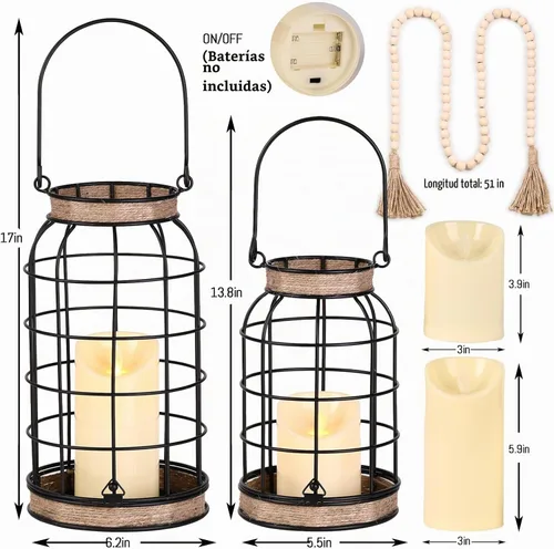 Vista 2 de Farol de vela rústico de granja, 2 faroles decorativos con velas