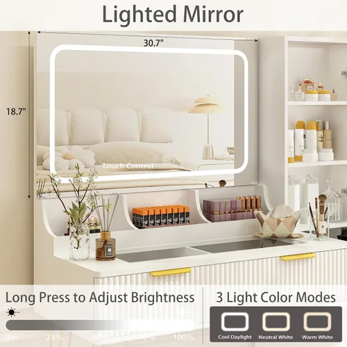 Vista 3 de Escritorio de tocador de 43 pulgadas con espejo y luces, mesa de tocador de maquillaje con 4 cajones, tocador blanco para dormitorio, escritorio