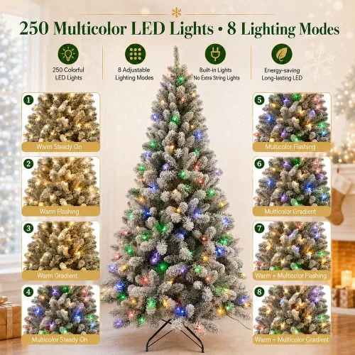 Vista 3 de Árbol de Navidad flocado de 6 pies preiluminado, árbol de Navidad Blanco (luz coloreada)