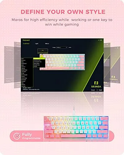 Vista 4 de Seenda Pudding Hacker 61 Teclado mecánico para juegos, mini teclado con cable 60% de dos tonos blanco rosa con retroiluminación RGB personalizable