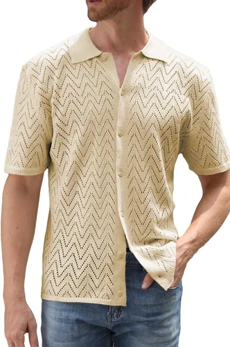 Vista 2 de JMIERR Suéter casual de punto de ganchillo para hombre, polo de manga corta, con botones, camisas de playa