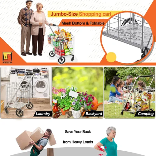 Vista 6 de Wellmax Carrito de comestibles plegable con ruedas, carrito utilitario de metal resistente con parte inferior de malla, cesta trasera adicional