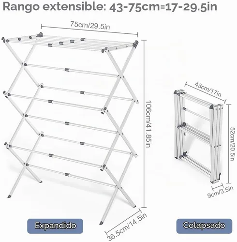 Vista 5 de Tendedero plegable para ropa (41 x 29 x 14 pulgadas), color blanco Estante de secado de ropa extensible portátil para ropa de secado al aire