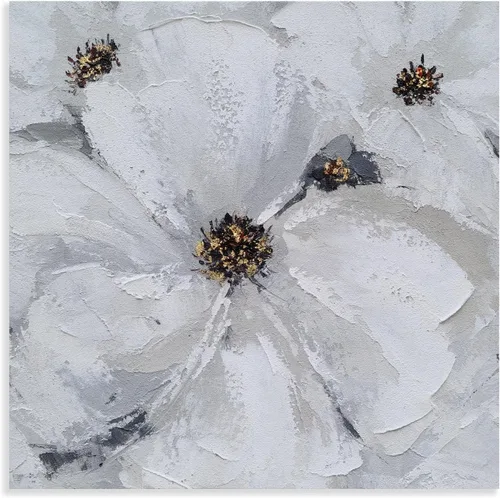 Vista 2 de SYGALLERIER Arte abstracto de pared de flores, pintura al óleo floral gris y blanca con adornos de lámina dorada, arte de pared de lienzo hecho a