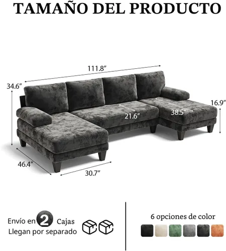 Vista 2 de Sofás seccionales en forma de U para sala de estar, sofá modular moderno de 112 pulgadas, sofá de felpilla gris oscuro con diván doble