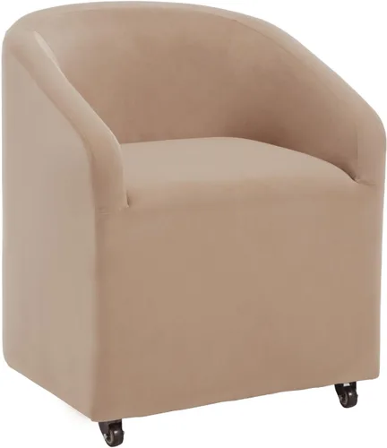 Vista 10 de Sillas de comedor de barril con ruedas, sillas tapizadas de lino beige para comedor y cocina, sillón lateral moderno con ruedas para dormitorio