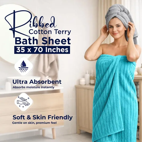 Vista 8 de DAN RIVER Paquete de 2 sábanas de baño de 35x70 pulgadas, sábanas de baño jumbo acanaladas para adultos, toallas grandes gruesas y absorbentes