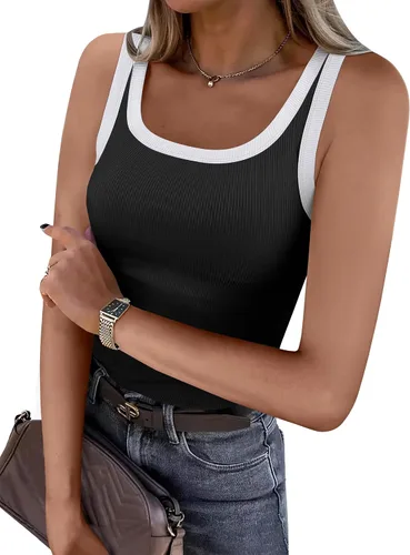 Vista 27 de ANRABESS - Camiseta sin mangas de cuello redondo para mujer, bonita, acanalada, ajustada, prenda básica de verano Negro