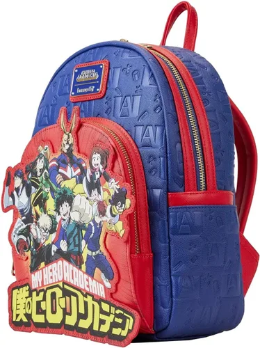Vista 3 de Loungefly My Hero Academia Group Debossed Logo Mini Mochila Anime, Azul Rojo, Mini mochila