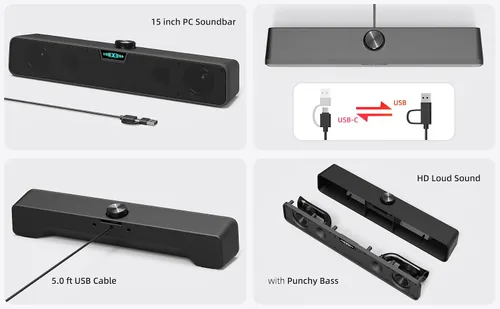 Vista 6 de Altavoces de barra de sonido de computadora para PC de escritorio, Mac, enchufe USB, con cable, altavoces externos para monitor de escritorio