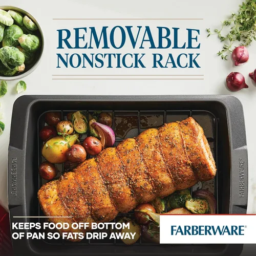 Vista 4 de Farberware Bakeware - Sartén antiadherente para asar con estante en U, 14.75 pulgadas x 10.75 pulgadas, color gris