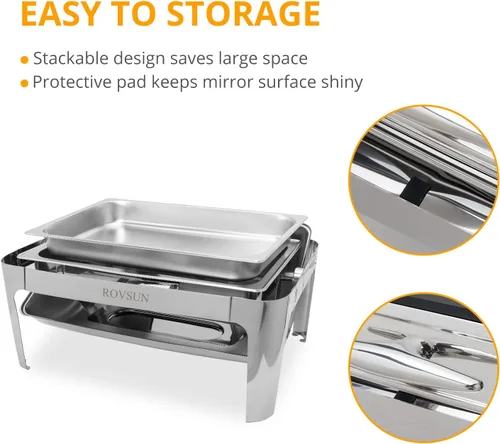 Vista 7 de ROVSUN Juego de 3 platos de bufé con tapa enrollable, 9 cuartos de galón de acero inoxidable NSF rectangular para catering, servidores de bufé