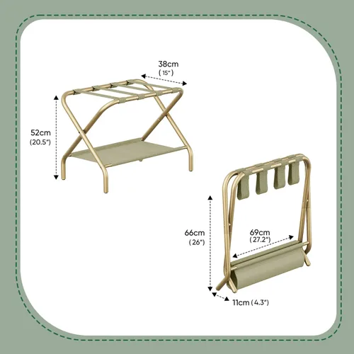 Vista 5 de Smart FENDEE Portaequipajes dorado para habitación de invitados, soporte plegable para maleta con estante de almacenamiento, soporte de equipaje
