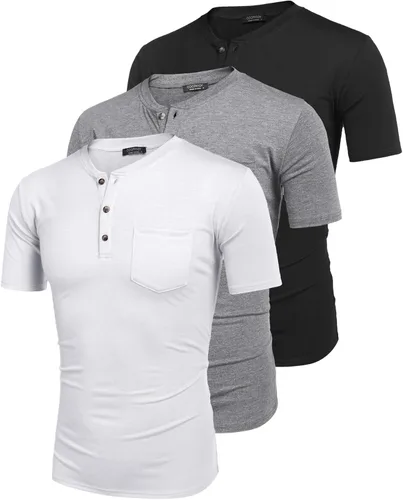 Vista 5 de COOFANDY Paquete de 3 camisetas Henley de manga corta para hombre, estilo casual, básicas, de verano, con bolsillo