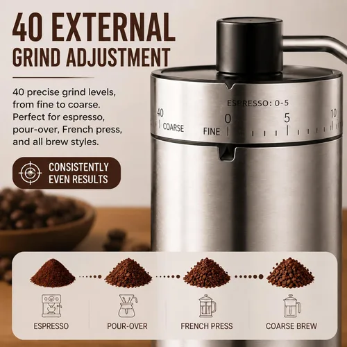 Vista 3 de Mini molinillo de café manual, 40 ajustes externos ajustables, rebabas cónicas de cerámica, molino de café portátil de acero inoxidable