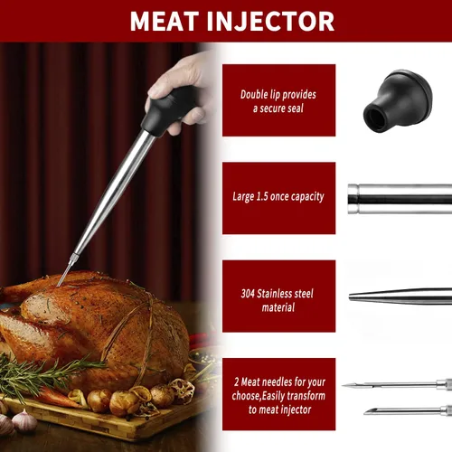 Vista 5 de JY COOKMENT Jeringa de acero inoxidable para pavo Baster Baster Jeringa para cocinar Inyector de carne con 2 agujas de marinada, 1 cepillo