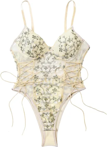 Vista 16 de Lilosy Teddy de Lencería Sexy para Mujer con Cordones y Bordado Floral, Body Top de Malla Transparente de Una Pieza Verde militar