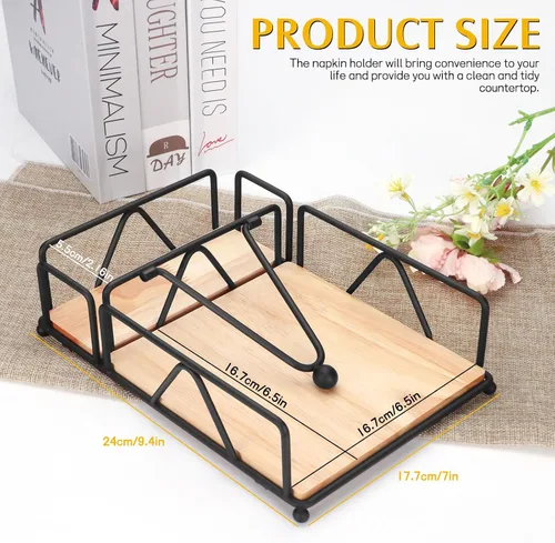 Vista 2 de Servilleteros para servilletas de papel, servilletero plano con base de madera, cesta de servilletas de acero inoxidable negro para cocina, fiesta