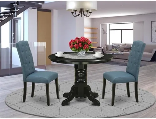 Vista 2 de East West Furniture SHCE3-BLK-21 - Juego de mesa de comedor moderno de 3 piezas que contiene una mesa de cocina redonda con pedestal y 2 sillas