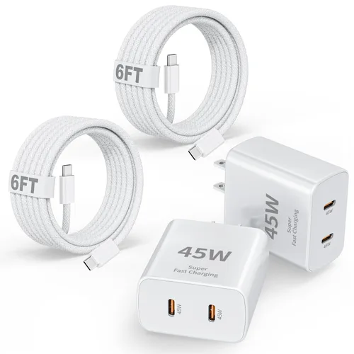 Vista 9 de Cargador súper rápido USB C de 45 W, paquete de 2 bloques de carga dual USB C para iPhone con cable trenzado tipo C a C de 3.3 pies de carga rápida
