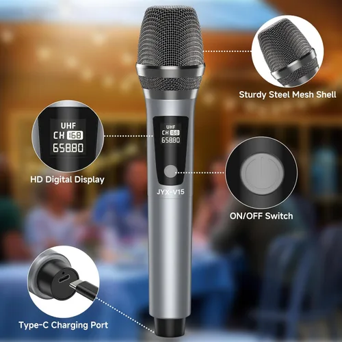 Vista 2 de JYX Micrófono inalámbrico, sistema de micrófono dinámico de mano profesional UHF de metal con receptor recargable de 1/4 pulgadas (0.250 in) enchufe