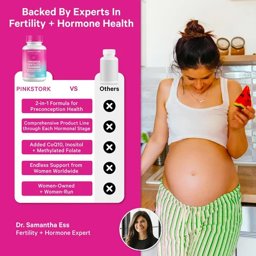 Vista 3 de Pink Stork Gomitas de fertilidad prémium Suplementos de fertilidad para mujeres con CoQ10, mio-inositol + vitaminas prenatales Apoyo a