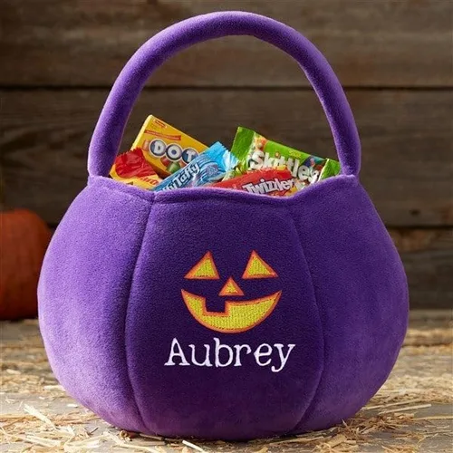 Vista 2 de Personalization Universe Jack-o'-Lantern - Bolsa bordada de felpa para Halloween, bolsa de dulces, perfecta para truco o trato