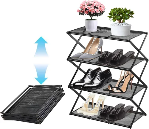 Vista 9 de Zapatero pequeño para entrada, organizador de zapatos de 3 niveles, estante de almacenamiento de zapatos plegable de metal, instalación cero