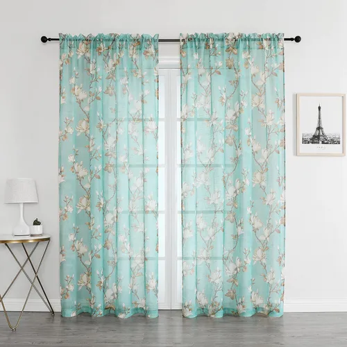 Vista 12 de SMILE WEAVER 2 paneles de cortinas traslúcidas turquesa de 45 pulgadas de largo, para sala de estar, cortinas semitransparentes florales