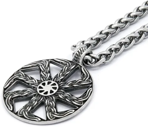 Vista 2 de BAVIPOWER Collar nórdico nórdico con dije de escudo de rueda de sol vikingo de acero inoxidable para hombres y mujeres, joyería nórdica pagana