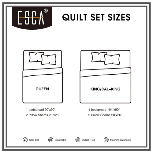 Vista 6 de ESCA Briseis - Juego de colcha reversible de 3 piezas, tamaño Queen, color blanco