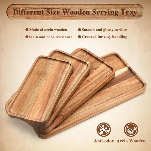 Vista 3 de Leinuosen Juego de 4 platos de madera de acacia para servir de madera maciza, tableros rectangulares de charcutería, platos de madera