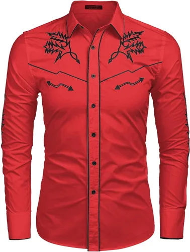 Vista 2 de COOFANDY Camisa vaquera occidental bordada de manga larga de algodón casual con botones para hombre