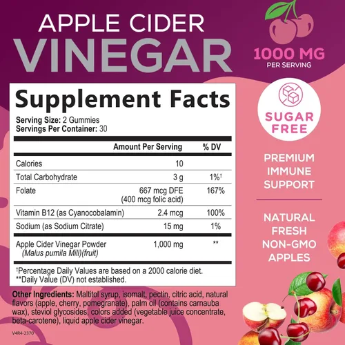 Vista 2 de Gomitas de vinagre de sidra de manzana, 1000 mg por porción, suplemento de vitaminas ACV sin azúcar, vitamina B12 y B6 para energía, soporte