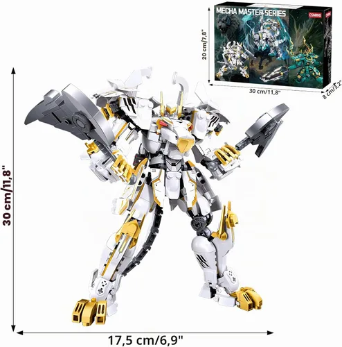Vista 2 de CSNRHG Modelo de robot mecánico samurái de tigre blanco con doble hacha, bloques de construcción, juego de juguetes de cumpleaños mítico para niños