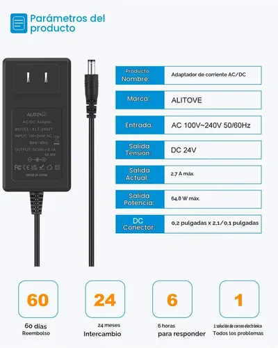Vista 5 de ALITOVE Fuente de alimentación de 24V 2.7A 65W Adaptador AC a DC Transformador de 24 voltios Convertidor de cable de alimentación de 4.92 pies