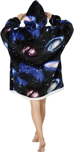 Vista 5 de Manta con capucha, sudadera de gran tamaño para adultos, mujeres y hombres, hecha de franela muy suave y cálida, con bolsillo y mangas
