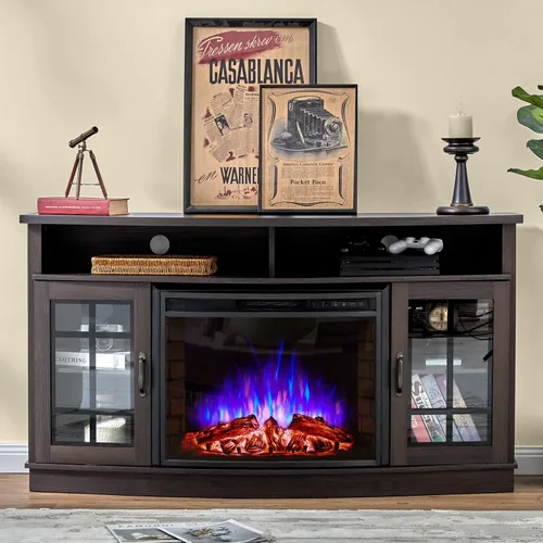 Vista 10 de AMERLIFE - Soporte de TV curvado con chimenea de 59 pulgadas con almacenamiento para televisores de hasta 65 pulgadas Blanco gastado