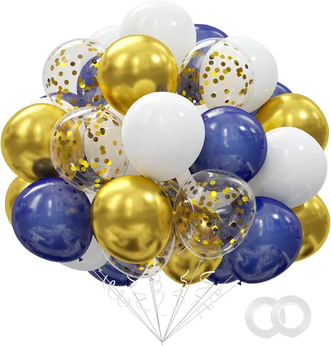 Vista 11 de Kit de 72 globos de confeti negro y dorado, globos negros, dorados y blancos de 12 pulgadas y globos de confeti dorado con cintas para globos
