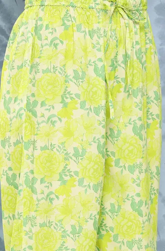 Vista 9 de Janasya Kurta con estampado digital de crepé verde limón para mujer india con palazzo