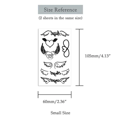 Vista 5 de Juego de 2 calcomanías de tatuaje temporal pequeñas, diseño de alas de corazón de ángel para mano, cuello, cara, muñeca, dedo, impermeable, falso