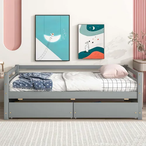 Vista 2 de Marco de sofá cama de madera de tamaño individual con 2 cajones de almacenamiento, sofá cama multifuncional con soporte de listones de madera