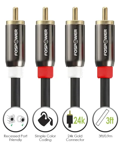 Vista 5 de FosPower Cable 2 RCA M/M de audio estéreo [24 K chapado en oro núcleo de cobre], conector 2RCA macho a 2RCA macho [izquierda / derecha]