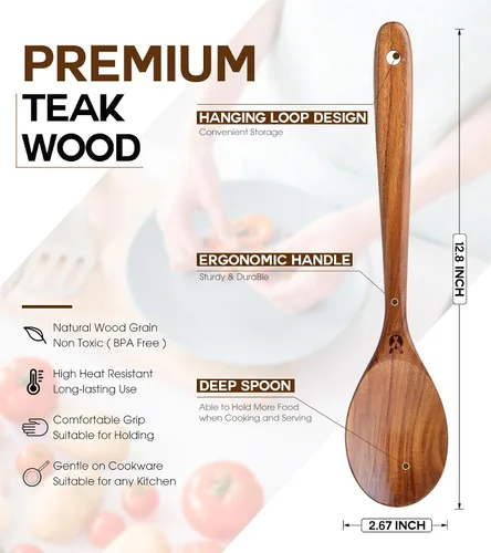 Vista 2 de Cucharas de Madera para Cocinar, Cucharas de Madera de Teca Natural Premium, Cucharas de Cocina Grandes de Buen Agarre y Espátula de Madera