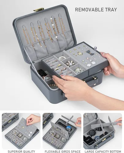 Vista 4 de V-LAFUY Caja organizadora de joyas organizador de joyas para hombre 2 capas con bandeja extraíble joyero de regalo para día de Acción de Gracias