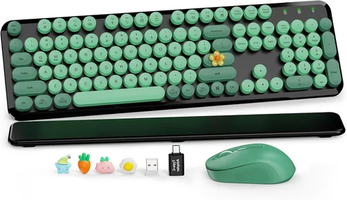 Vista 19 de Combo de teclado y mouse inalámbricos, teclado retro con teclas redondas, teclado estilo máquina de escribir de tamaño completo con reposamuñecas