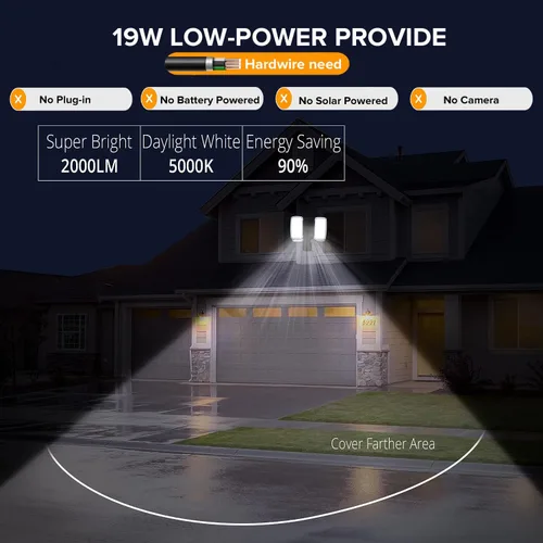 Vista 2 de UME - Luz LED de 19 W con sensor de movimiento para inundación al aire libre, 2 cabezales ajustables, 2000 lm, 5000 K, impermeable IP65, luz de Negro