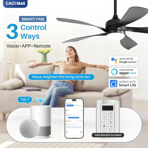 Vista 2 de CACI Mall Ventilador de techo inteligente de 52 pulgadas con luces, control remoto, compatible con Alexa/Google/App, 5 cuchillas, iluminación