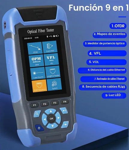 Vista 2 de Mini-Pro 1310/1550nm SM OTDR Mult-Función Probador Integrado OPM/OLS / RJ45 Prueba/Prueba VFL Rango 5m-60Km Rango Dinámico 24dB/22dB Conector